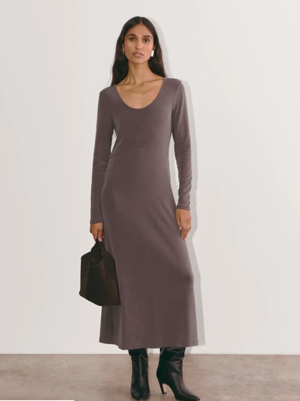 EVERLANE Maddie Butterknit Scoop Neck Body Skimming Maxi Taupe Dress, Large